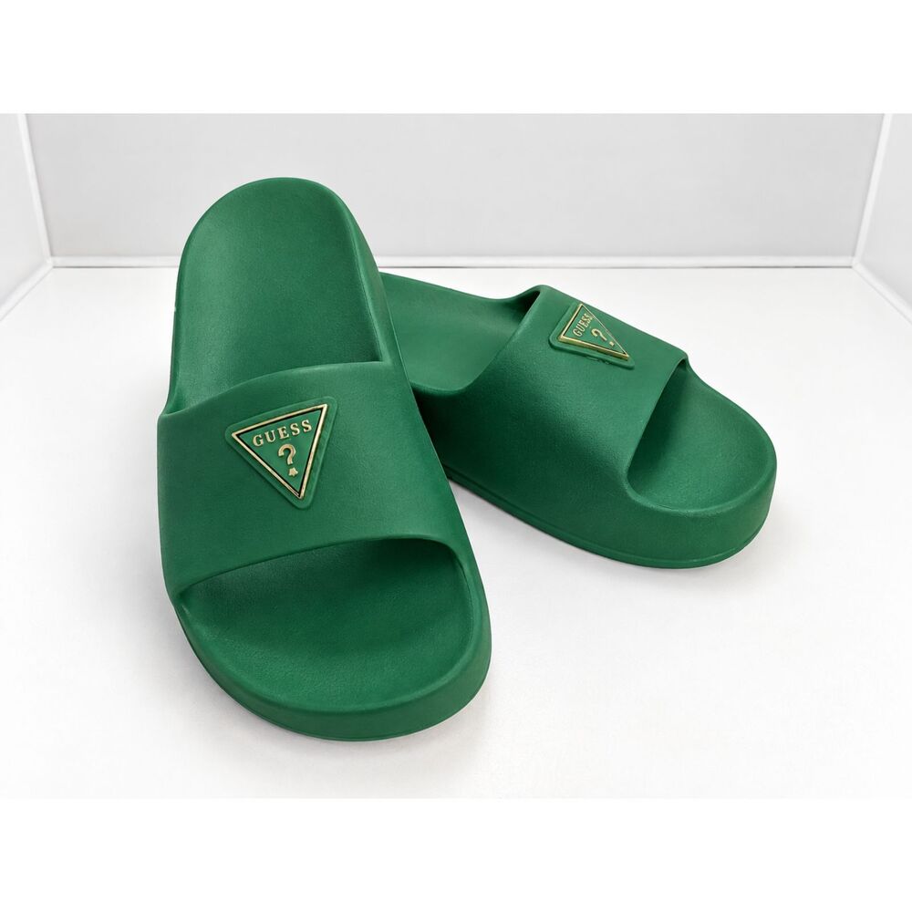 GUESS Green Platform Slide Sandals Women's 6M Gold Triangle Logo